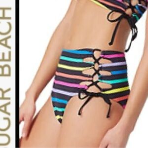 NWT Sugar Beach 2 Piece Bathing Suit Size L Black Multicolor Stripe Bandeau Top